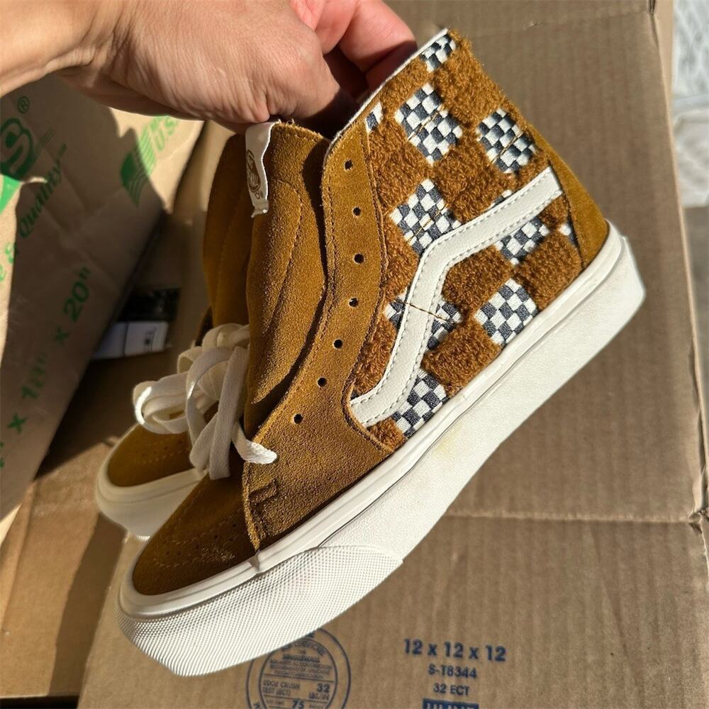 Vans Sk8-Hi Tapered High Top Sneakers Tufted Check Brown Womens 6.5 Mens 5 - Picture 3 of 10